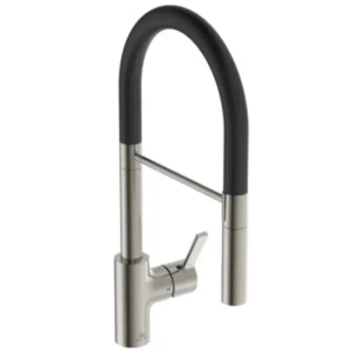 Küchenarmatur von Ideal Standard mit gebogenem Auslauf und schwarzem Griff. Das Design ist funktional und modern, geeignet für die Installation in Küchen.